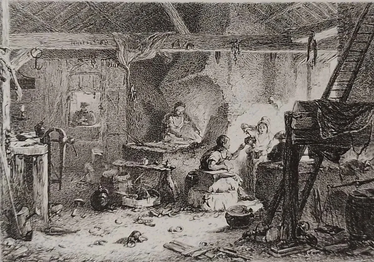 The Village Forge Etching 1864 Robert Brandard - Image 1