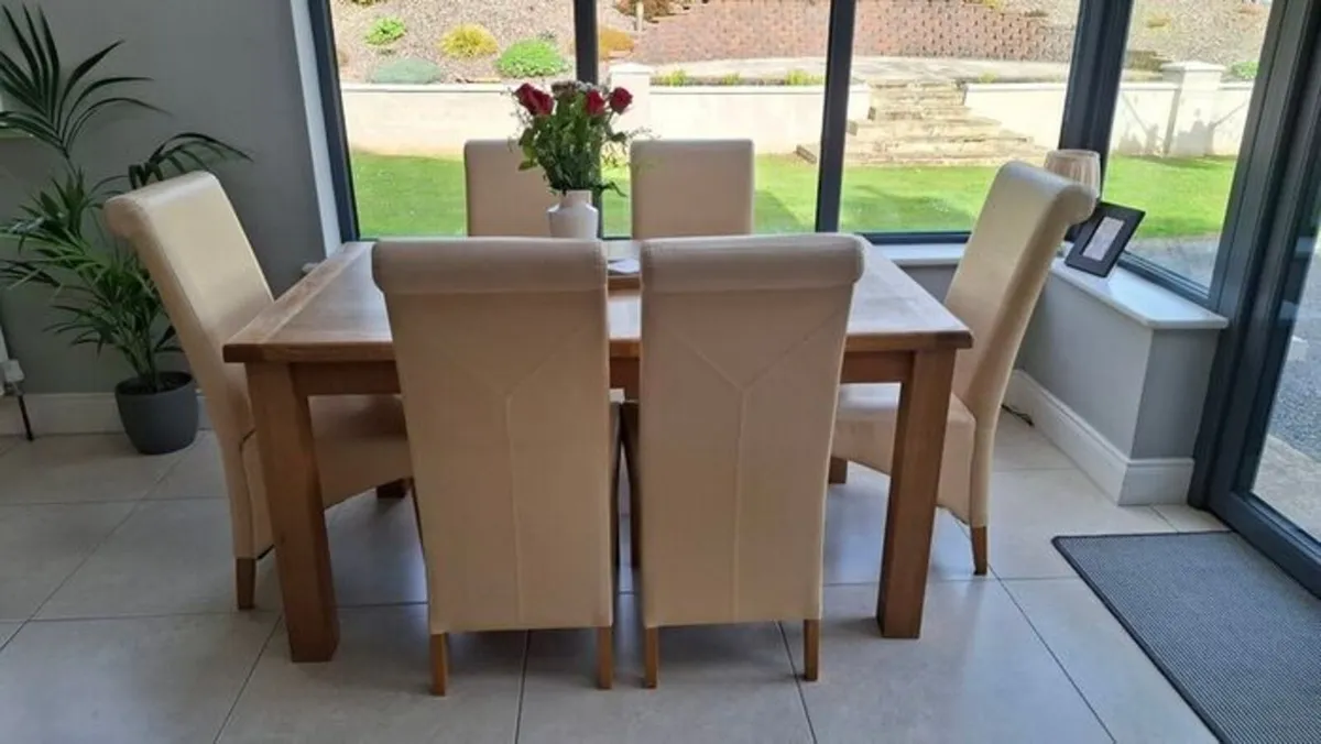 Solid Oak Dining Table & Leather Chairs - Image 1