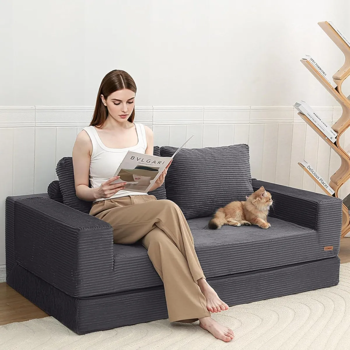 Folding Sofa Bed Corduroy Convertible Floor Couch - Image 2
