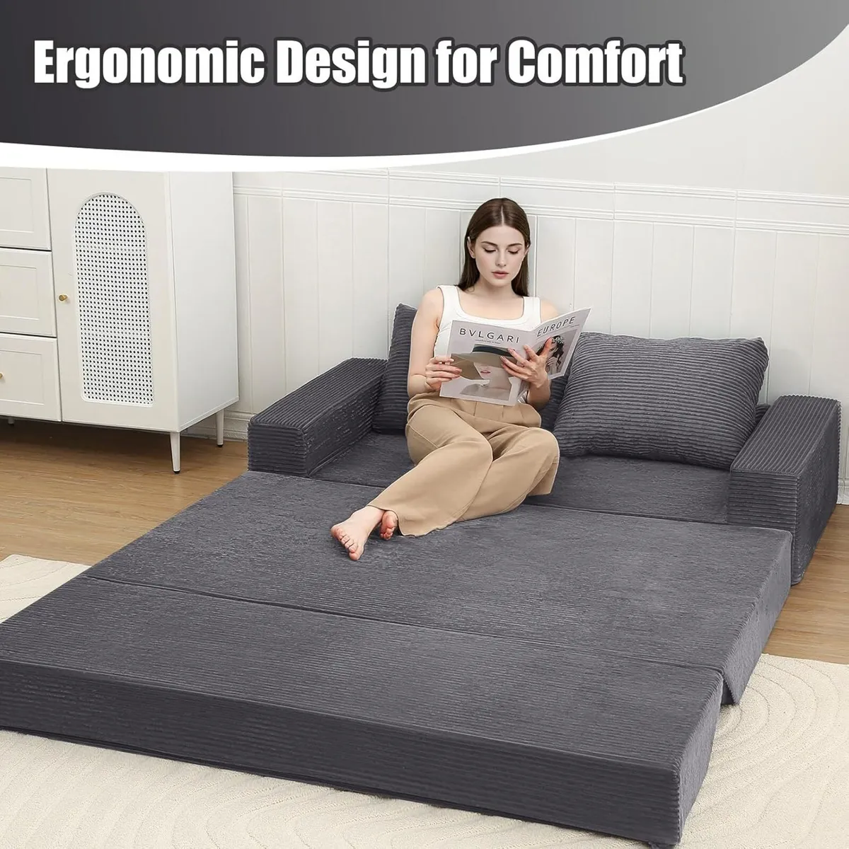 Folding Sofa Bed Corduroy Convertible Floor Couch - Image 4