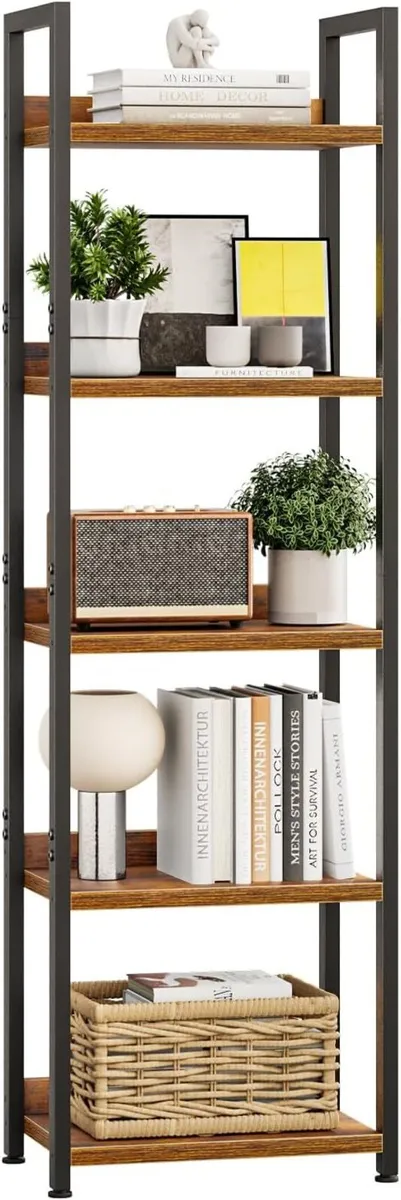 5 Tier Slim Bookshelf Bookcase with Backboard - Image 1