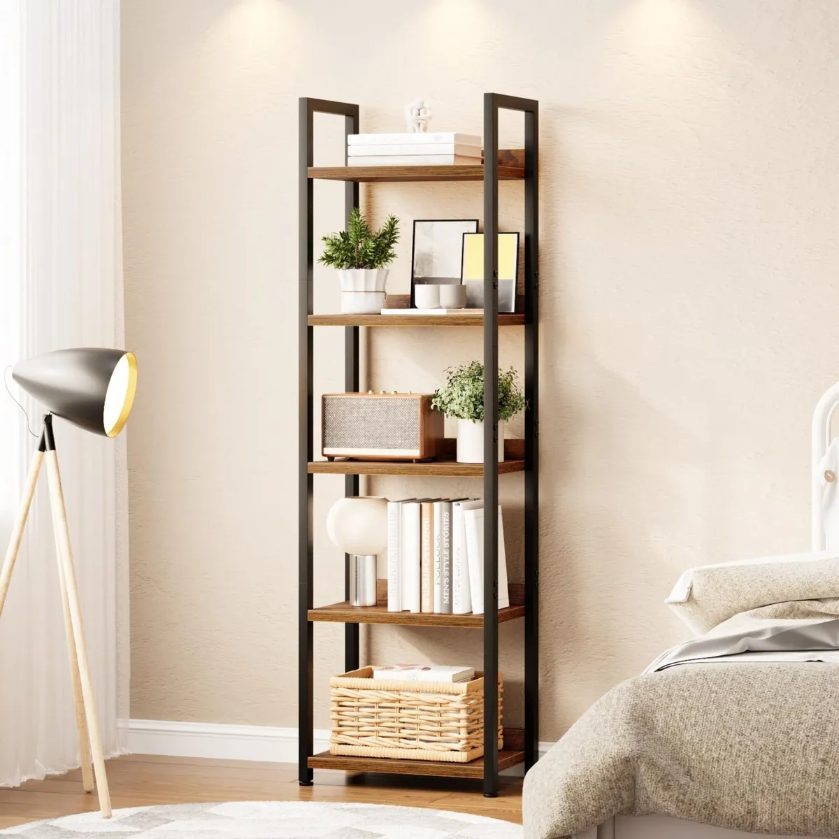 5 Tier Slim Bookshelf Bookcase with Backboard - Image 2