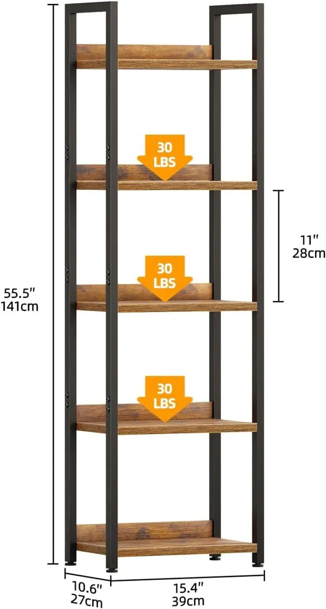 5 Tier Slim Bookshelf Bookcase with Backboard - Image 3
