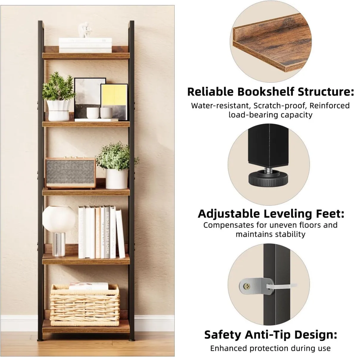 5 Tier Slim Bookshelf Bookcase with Backboard - Image 4