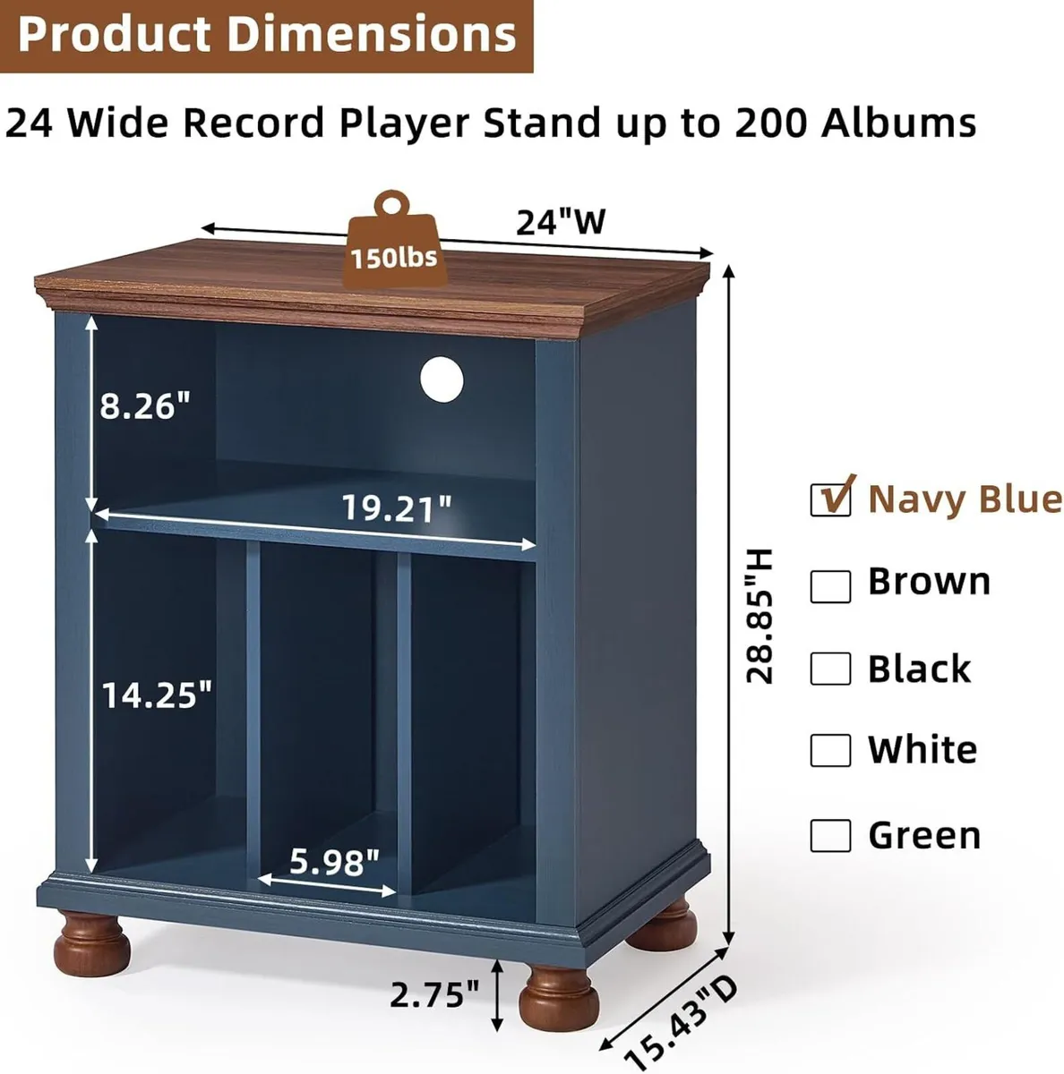 Large Record Player Stand with Vinyl Storage 24" - Image 2