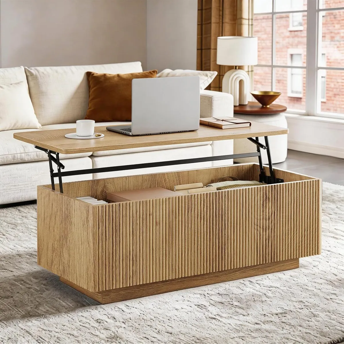 Wood Lift Top Fluted Coffee Table with Hidden - Image 1
