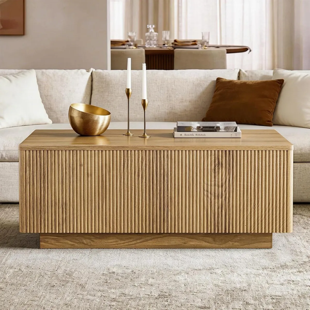 Wood Lift Top Fluted Coffee Table with Hidden - Image 3