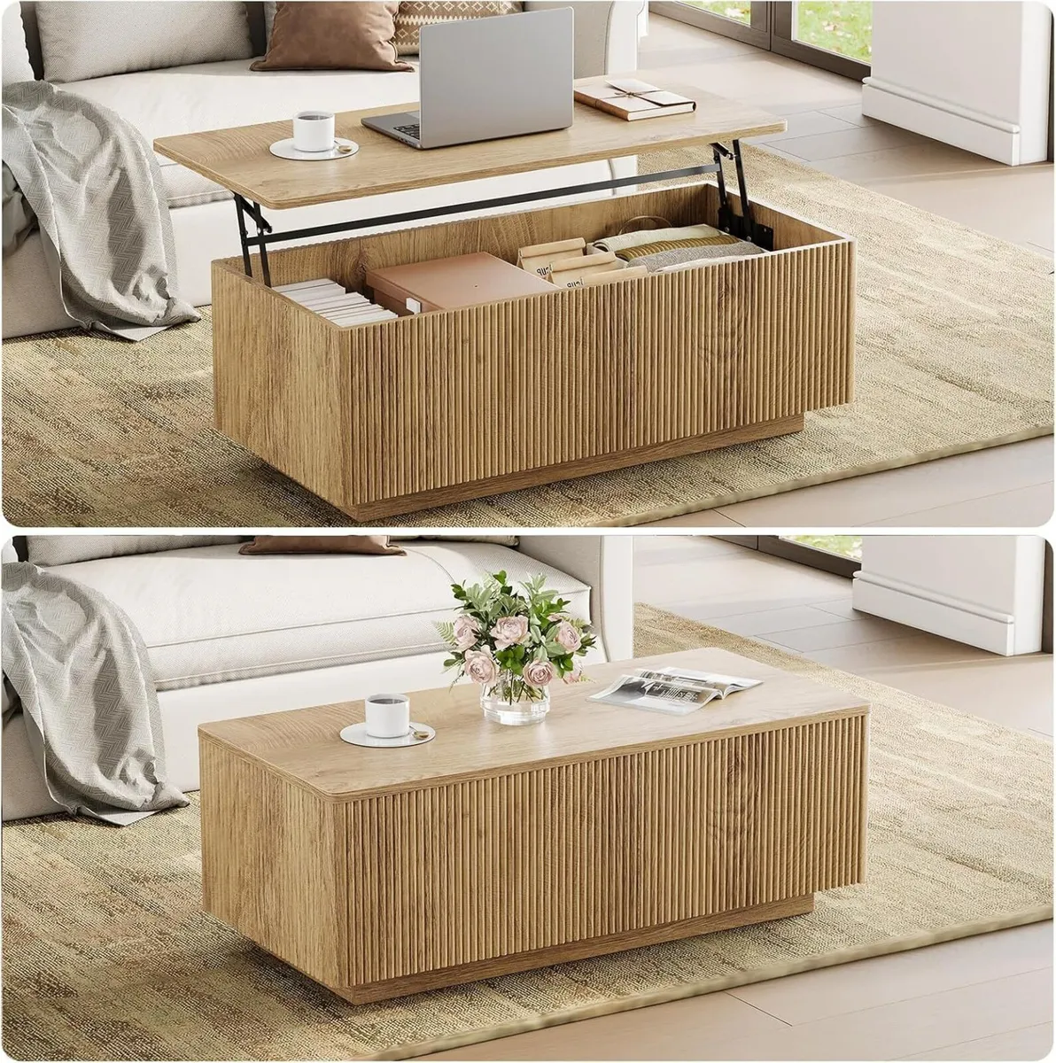 Wood Lift Top Fluted Coffee Table with Hidden - Image 4
