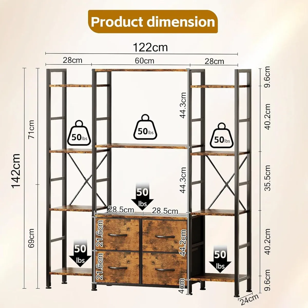 122W X142h Cm Triple Book Shelf 4 Tier - Image 3