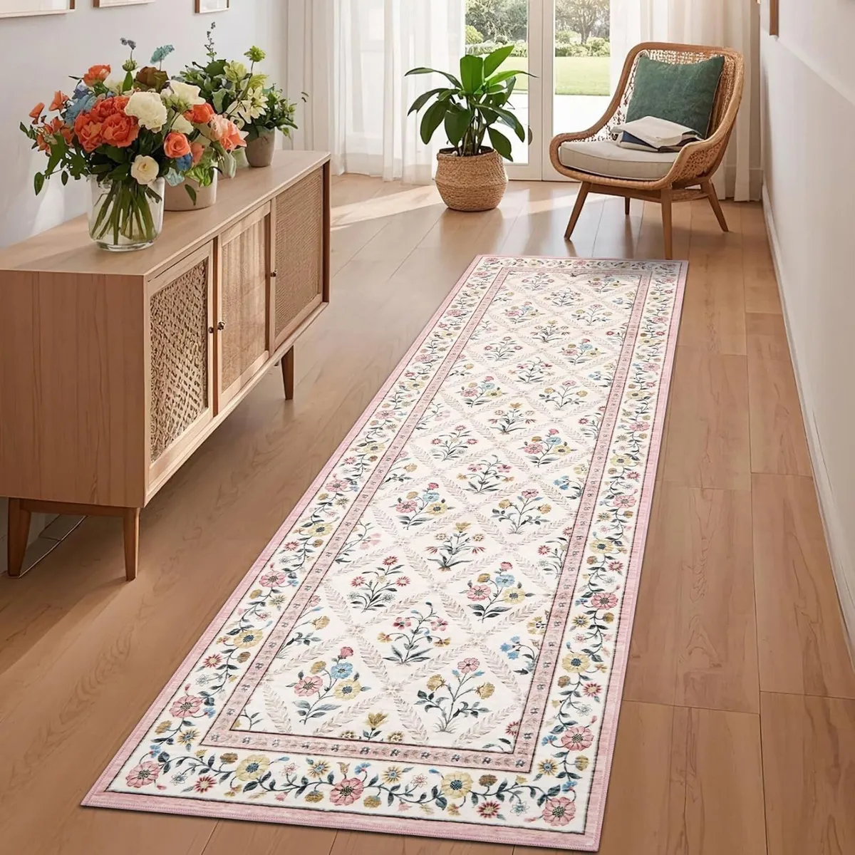 Floral Runner Rug Washable Non-Slip Hallway - Image 1