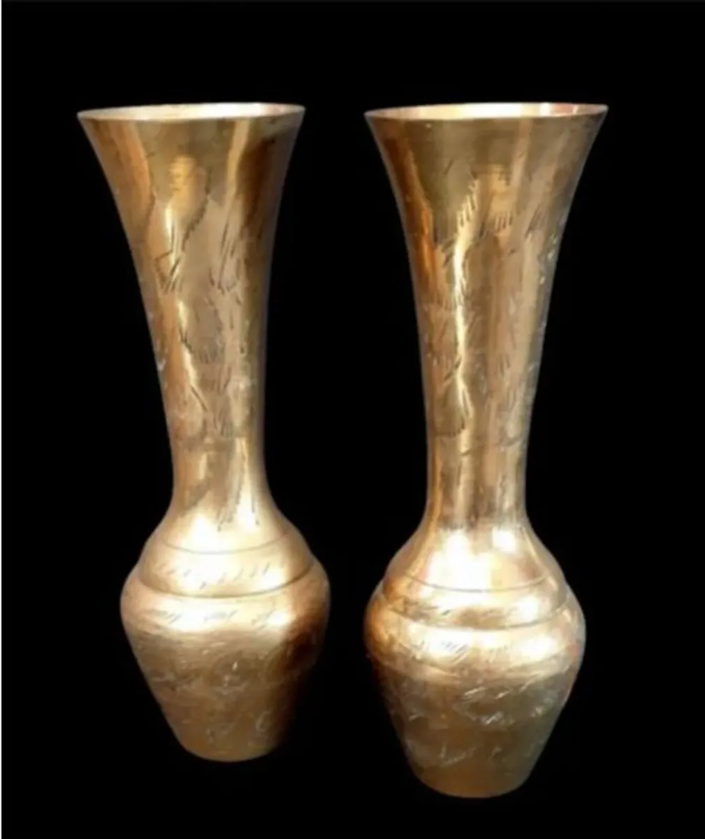 Pristine Pair of Vintage Etched Brass Vases - Image 3