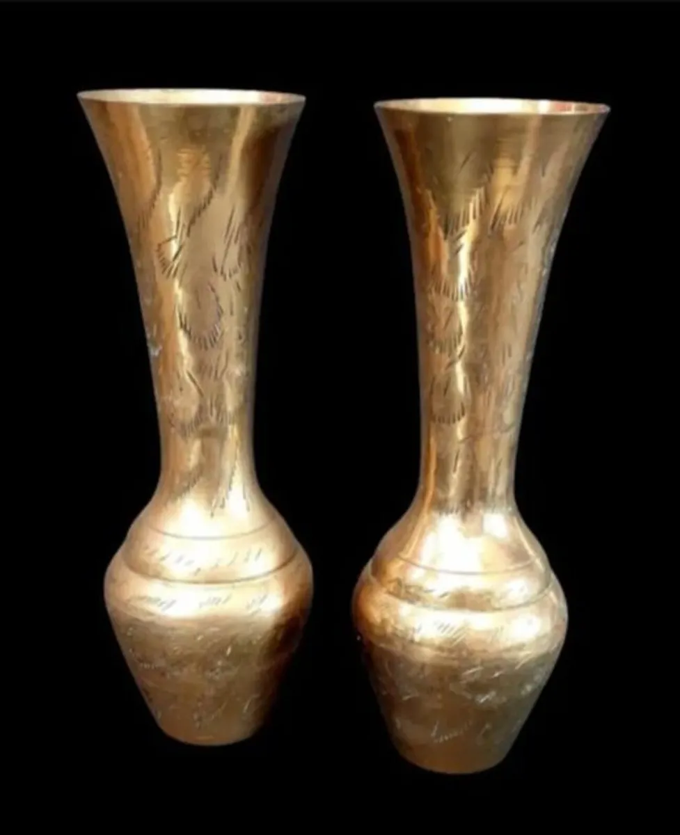 Pristine Pair of Vintage Etched Brass Vases - Image 1