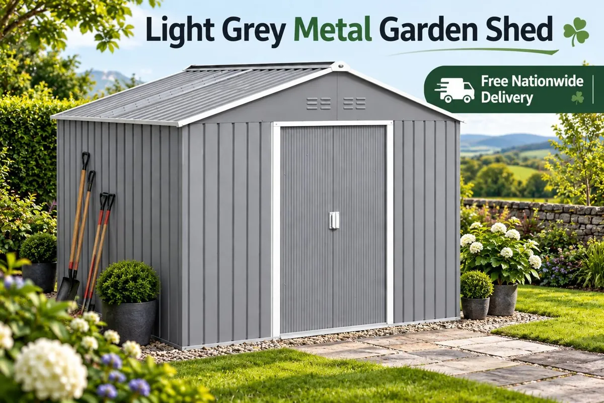 Metal Garden Shed 9 x 6 ft Light Grey Outdoor Stor - Image 2