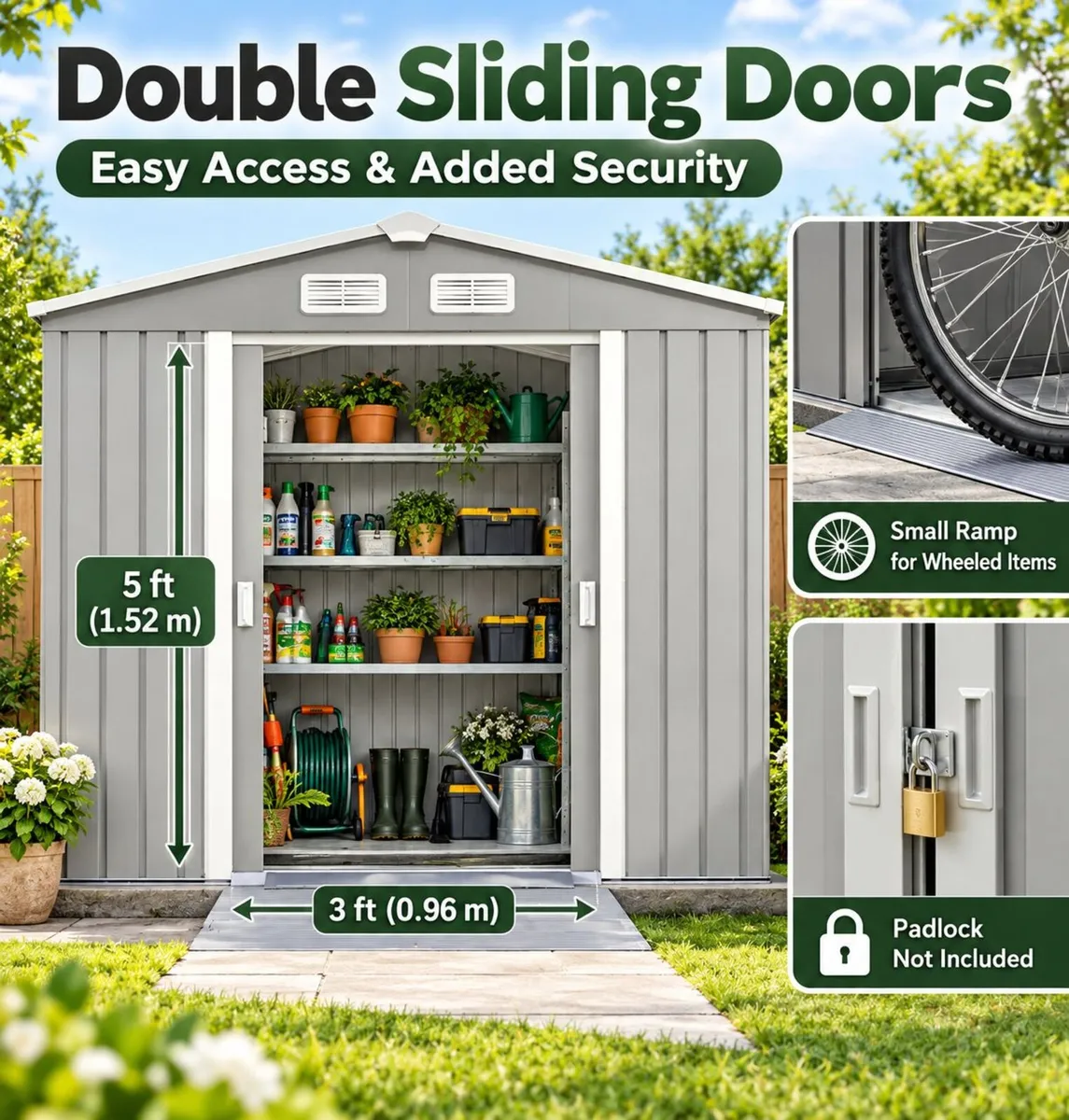 Metal Garden Shed 9 x 6 ft Light Grey Outdoor Stor - Image 3