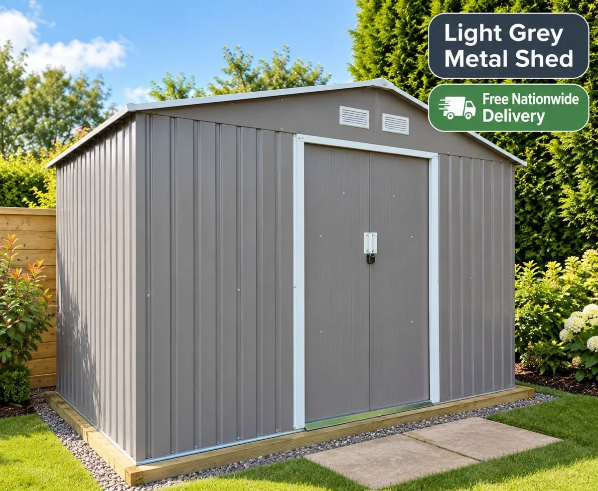 Metal Garden Shed 9 x 6 ft Light Grey Outdoor Stor - Image 1