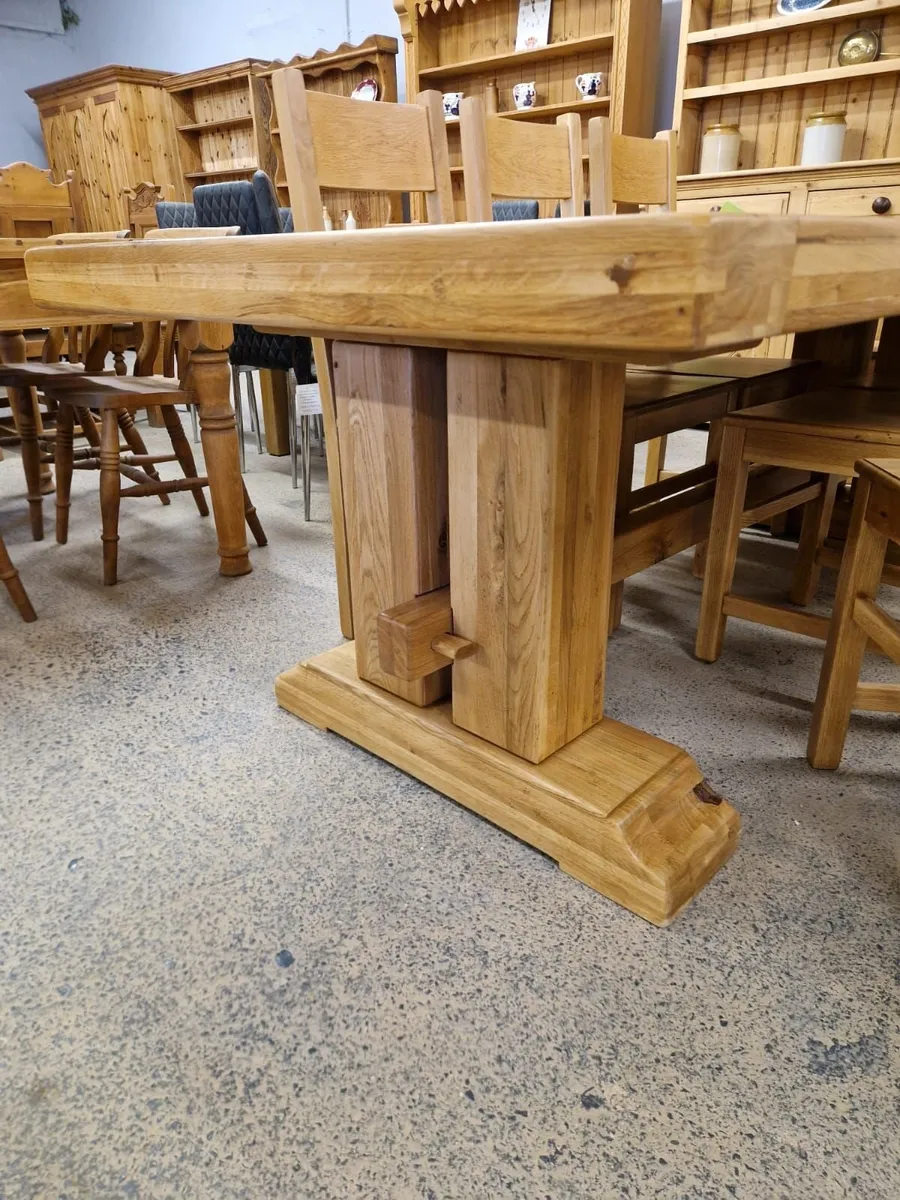 7ft, 8 inches oak trestle table, 8 oak chairs - Image 3
