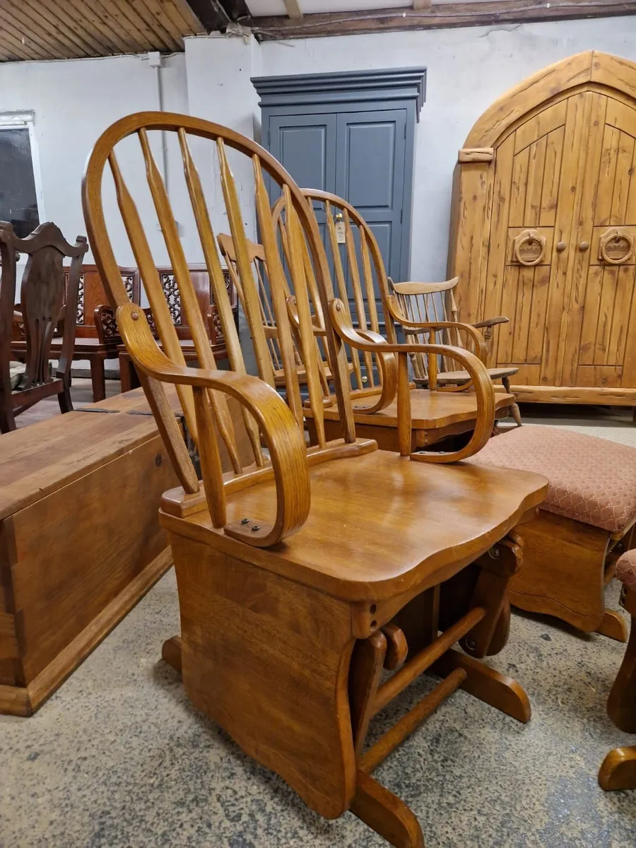Pair vintage oak gliders, rocking chairs + stools - Image 4