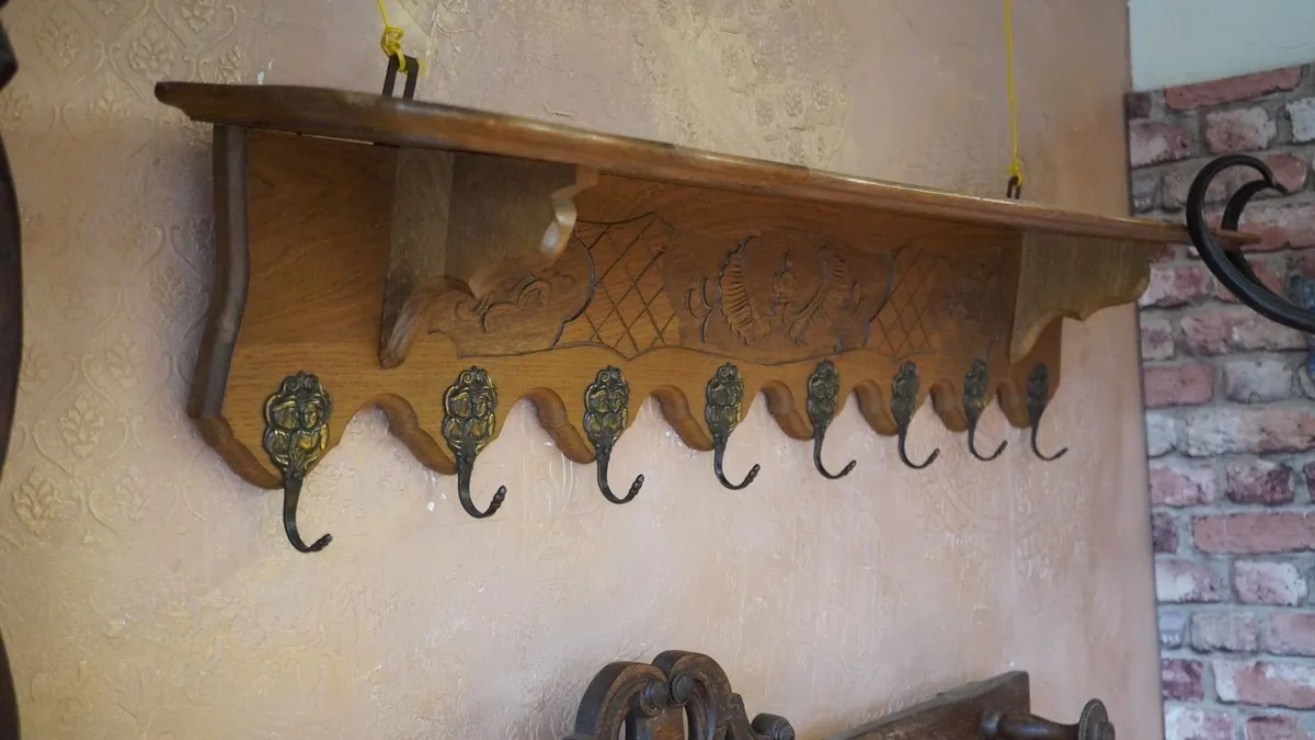 French Carved Oak Wall Coat Rack - Image 2