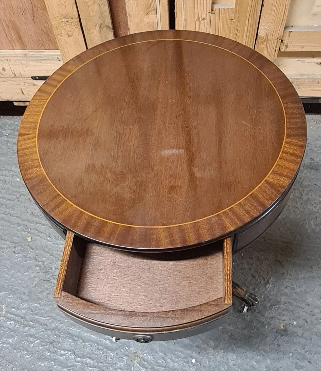 Classic Vintage Round Drum Table with Drawer - Image 4