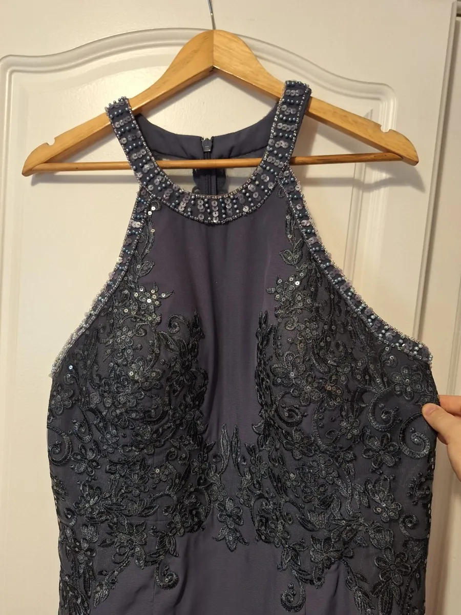 Dark blue knee leath evening dress - Image 1