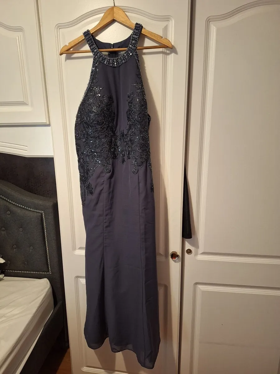 Dark blue knee leath evening dress - Image 3