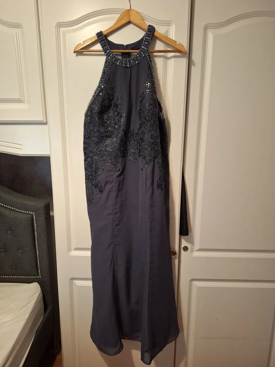 Dark blue knee leath evening dress - Image 4