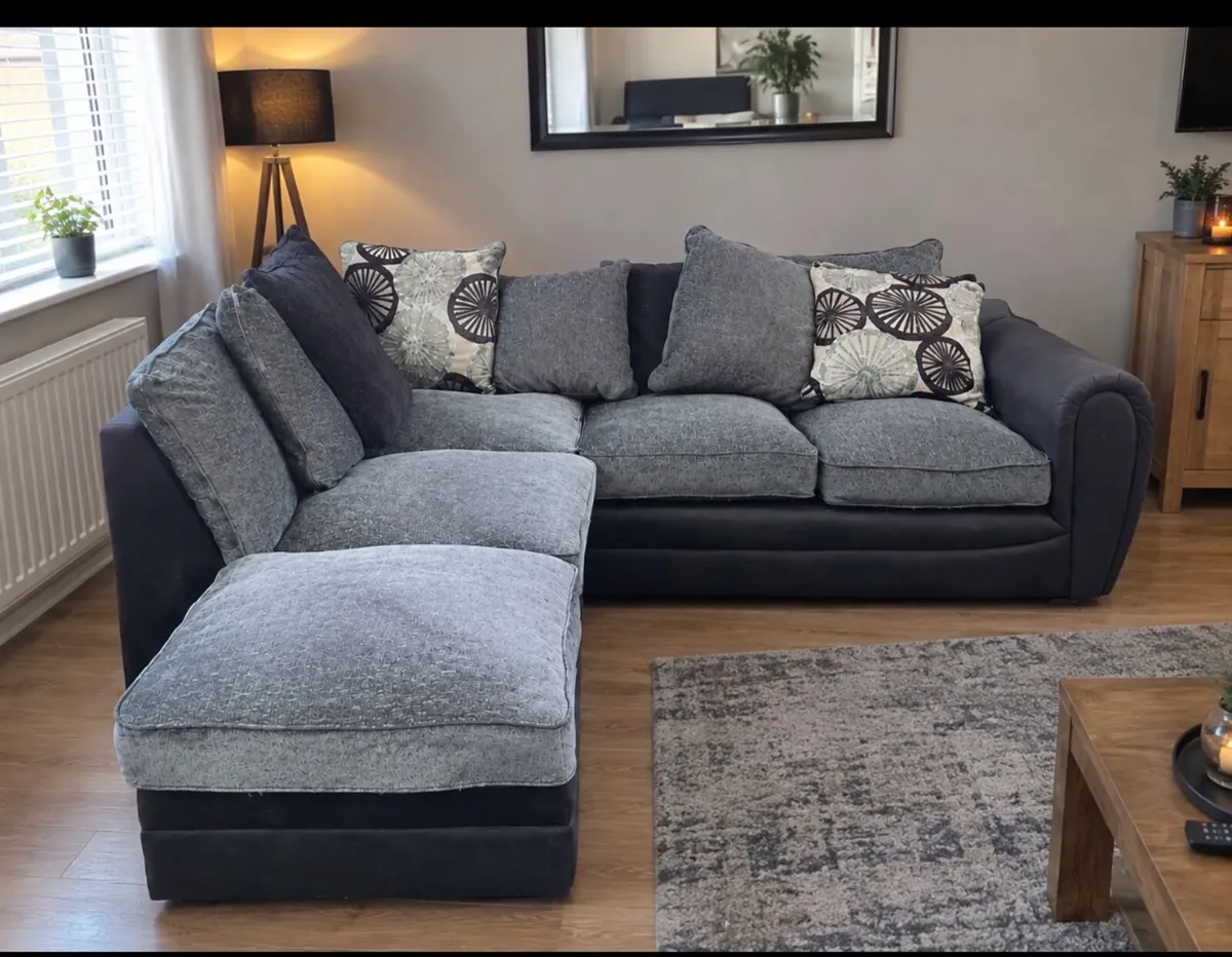 Dfs grey corner sofa with matching footstool - Image 1
