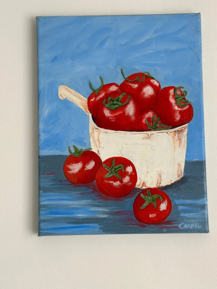 Oil painting of a container of tomatoes on canvas - Image 1