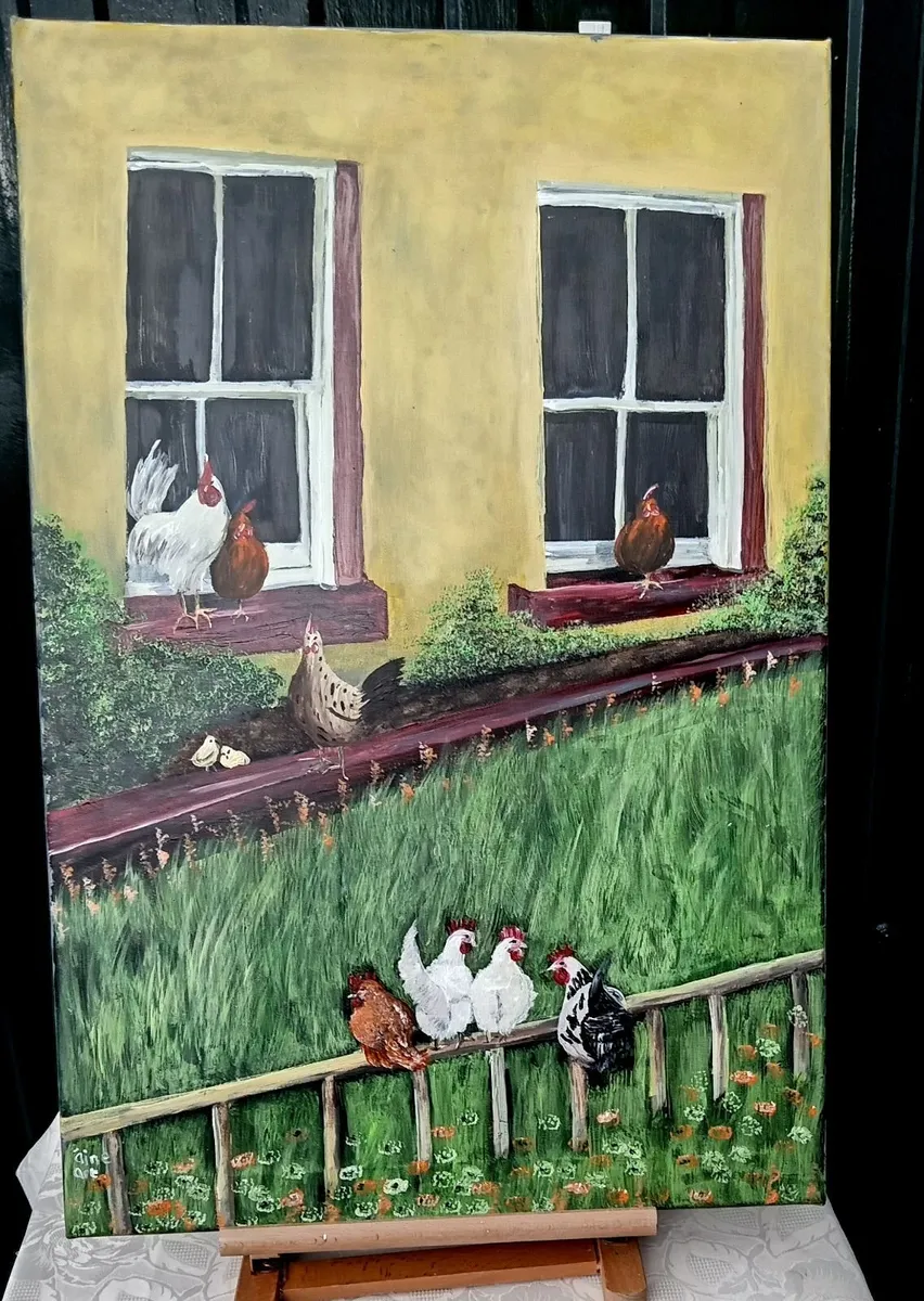 Original Painting  Chickens on the Window Sill.