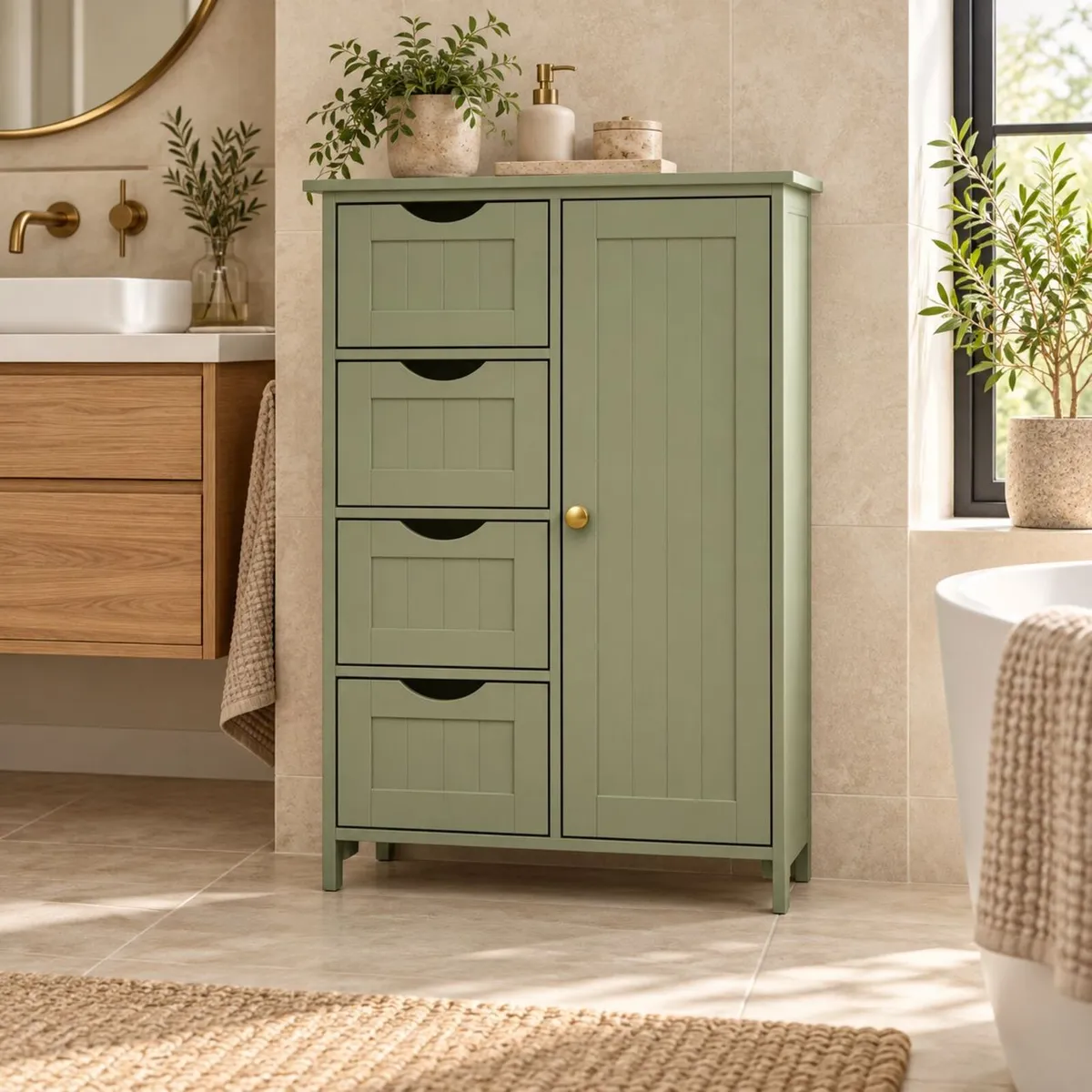 Bathroom Storage Cabinet with Drawers Muted Sage G - Image 1