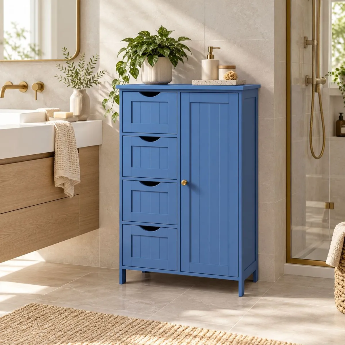 Slate Blue Bathroom Storage Cabinet with Drawers - Image 1