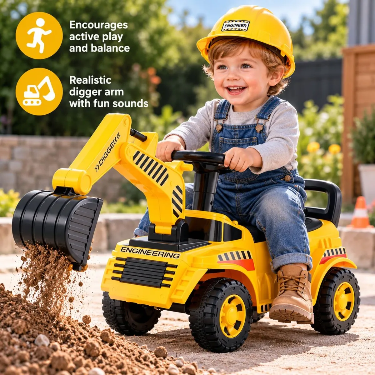 Ride On Excavator Digger for Toddlers with Helmet - Image 1