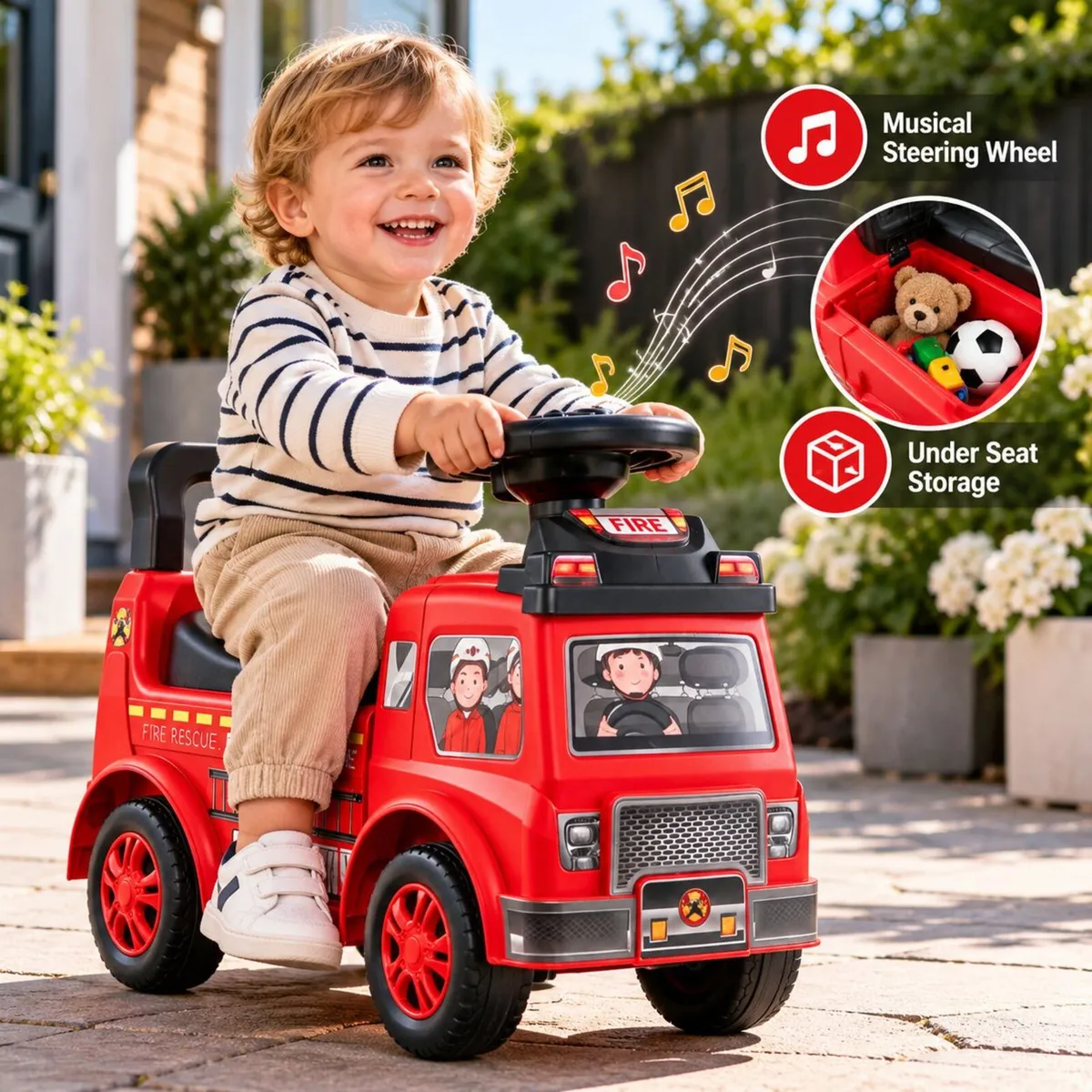 Ride On Fire Truck Push Car for Toddlers with Musi - Image 1