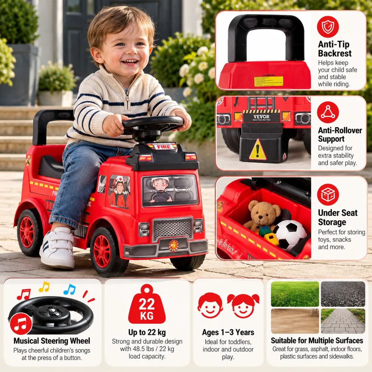 Ride On Fire Truck Push Car for Toddlers with Musi - Image 2