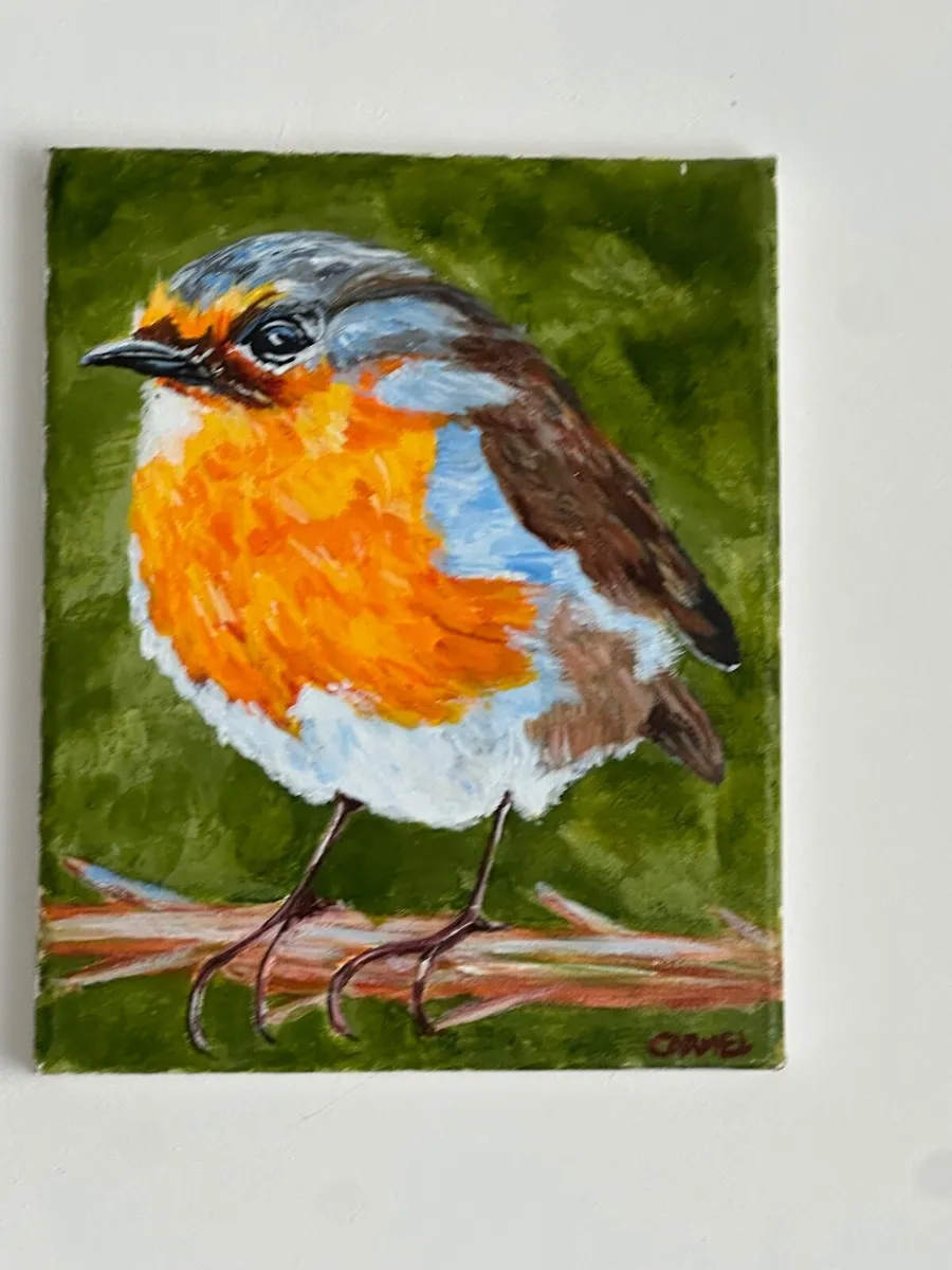 Oil painting of a robin on canvas original - Image 1