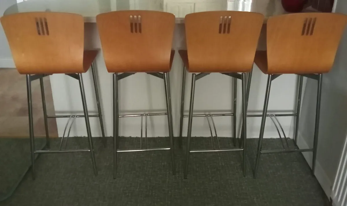 Set of 4 Modern Wood & Chrome Kitchen Bar Stools - Image 1