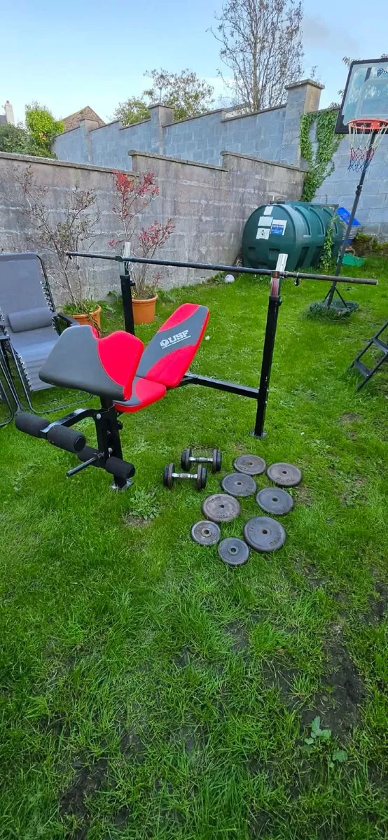 Bench & heavy bar & weights plates 50kg & dumbbell