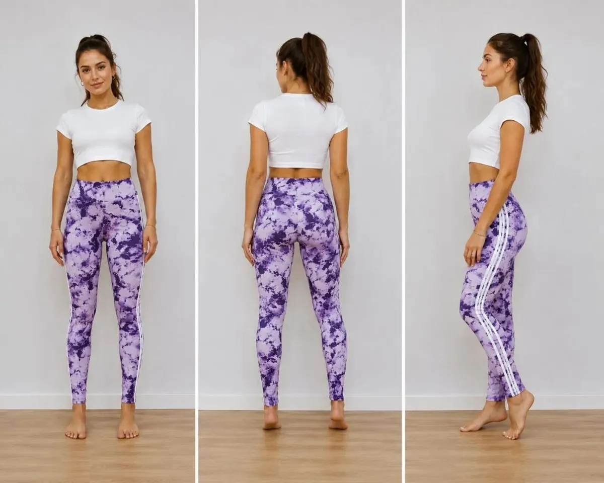 Purple Tie-Dye High Waisted Leggings with Side Str - Image 3