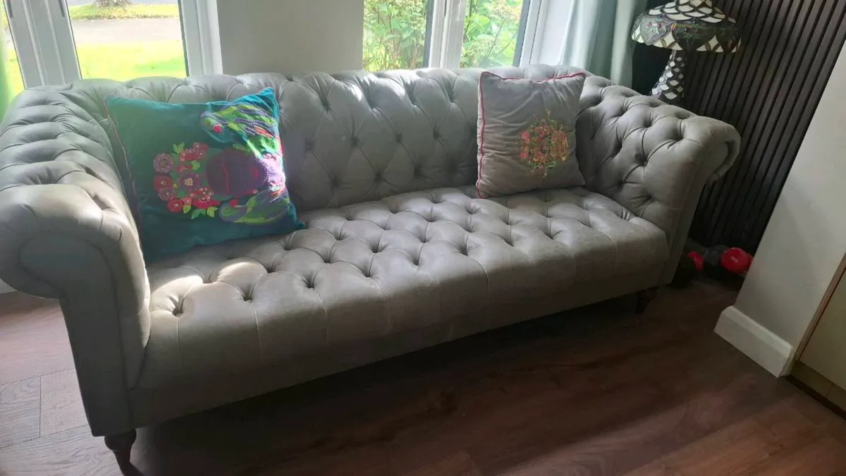 3 seater Chesterfield Couch Grey Leather - Image 1