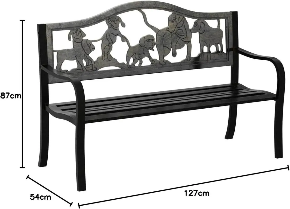 Metal Garden Bench with Cast Iron Puppies Backrest - Image 2