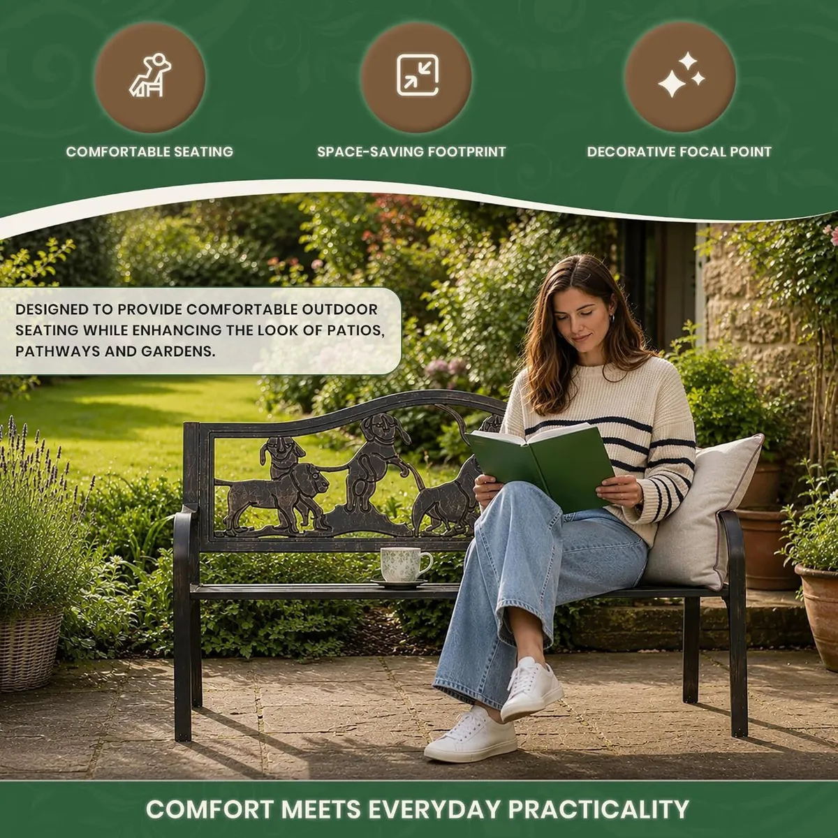 Metal Garden Bench with Cast Iron Puppies Backrest - Image 4