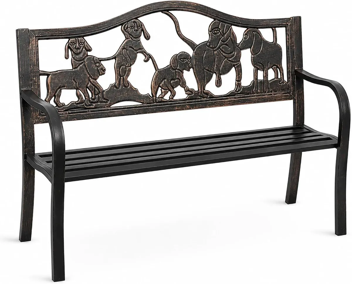 Metal Garden Bench with Cast Iron Puppies Backrest - Image 1
