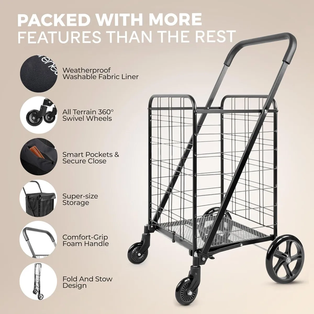 Folding Shopping Trolley Cart 50KG Capacity 360° - Image 2