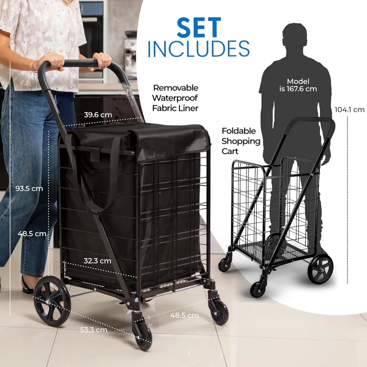 Folding Shopping Trolley Cart 50KG Capacity 360° - Image 3
