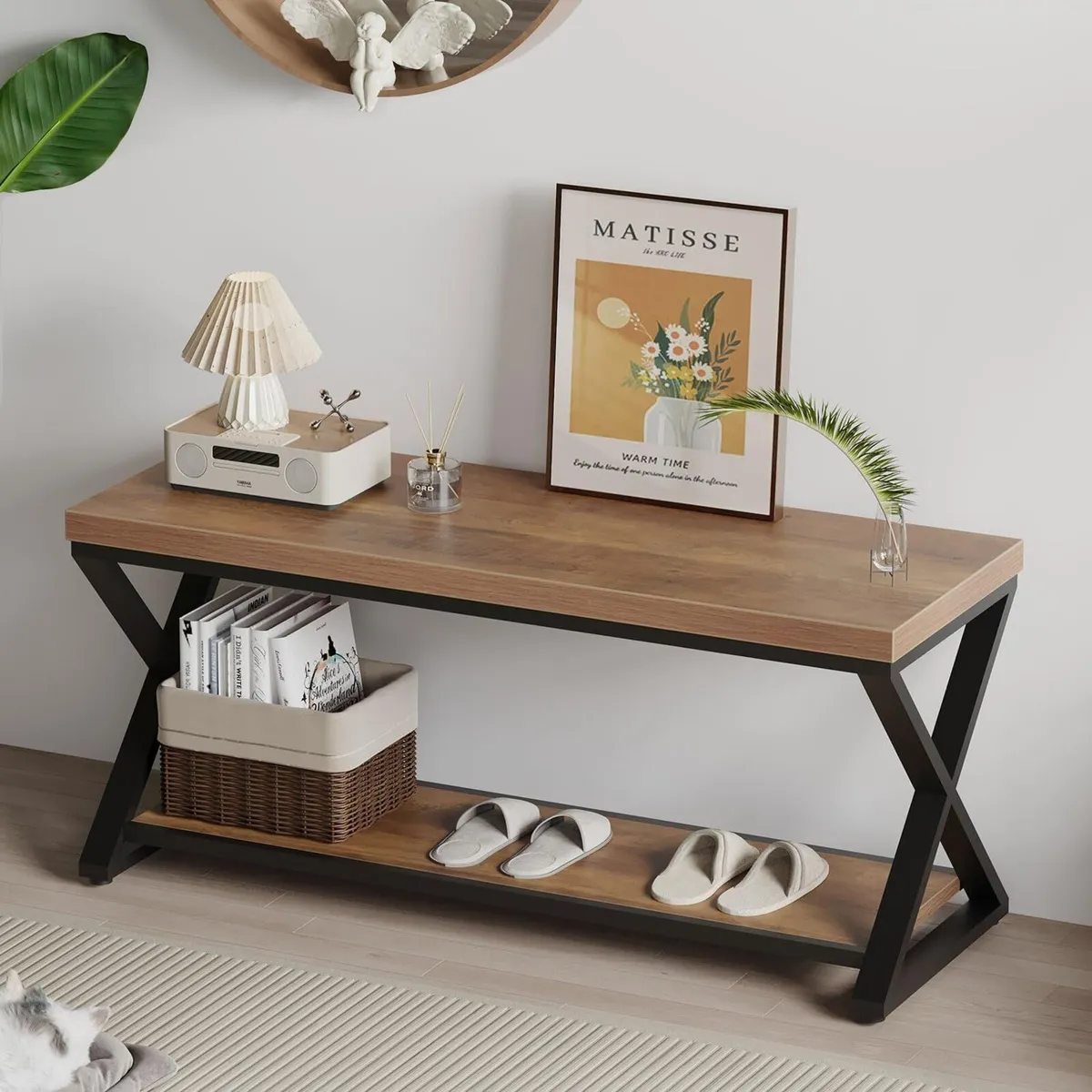 Entryway Bench with Storage Industrial Wood Metal - Image 1