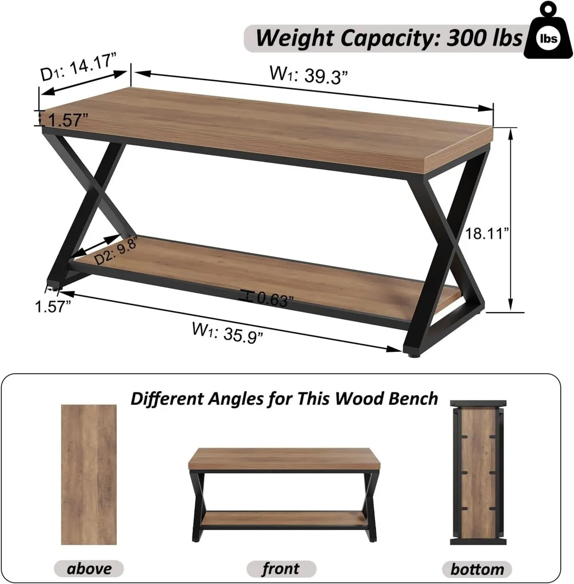 Entryway Bench with Storage Industrial Wood Metal - Image 2