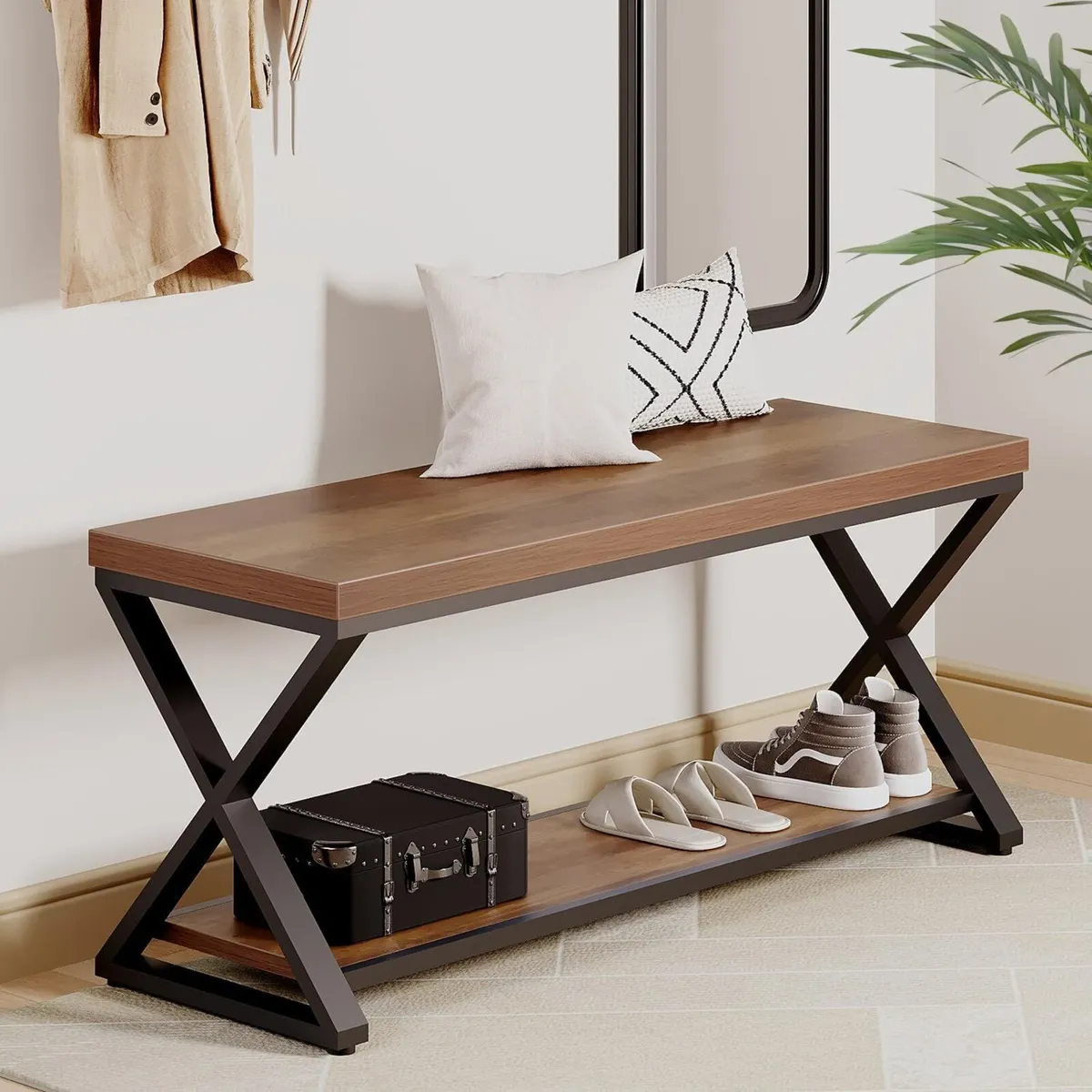Entryway Bench with Storage Industrial Wood Metal - Image 3
