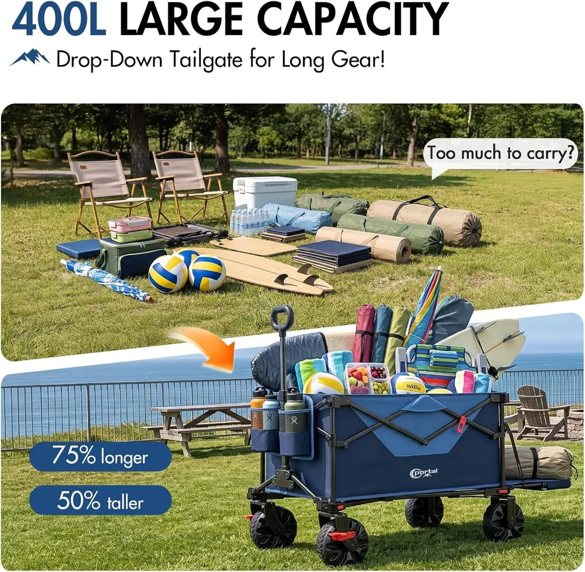 400L Beach Trolley Cart for Sand with Drop-Down - Image 2