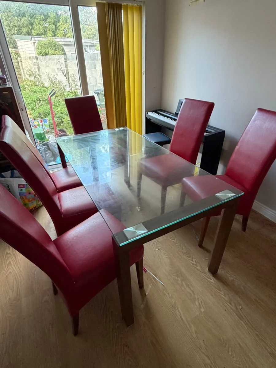 Modern Glass Top Dining Table & 6 Red Leather Chai