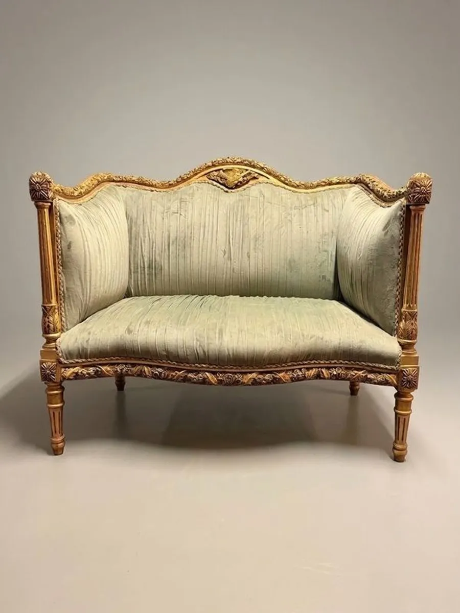 Louis XVI Style Carved Giltwood & Green Velvet Sofa - Image 1